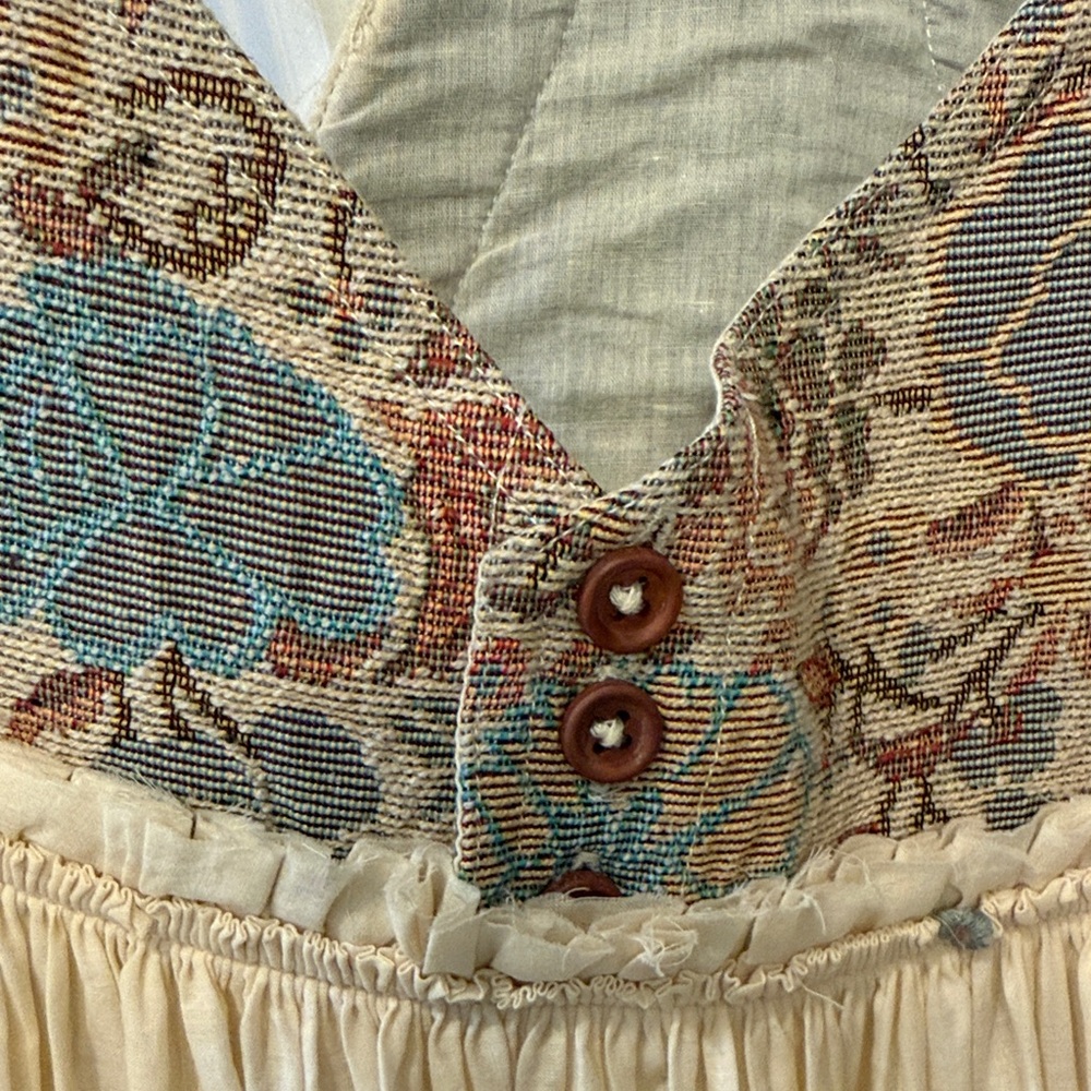 Bohemian Cream Maxi Dress with embroidered overalls bib. - Picture 6 of 6